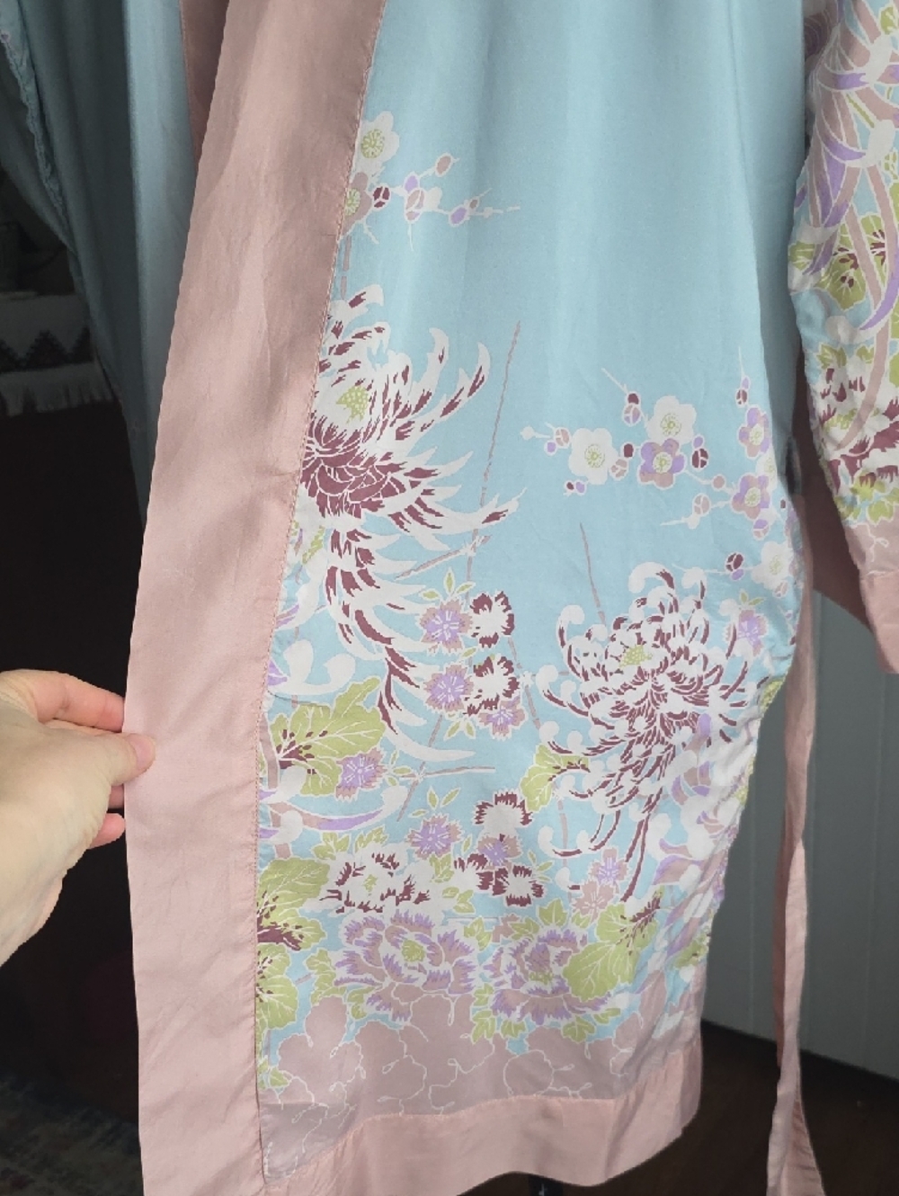 Women's Light Blue and Pale Pink Floral Kimono Robe - Picture 3 of 8